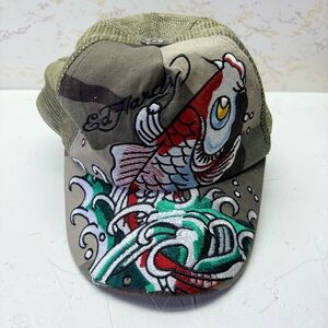 Ed Hardy Vintage Koi Fish Camo Mesh Snapback Trucker Hat Y2K Christian Audigier